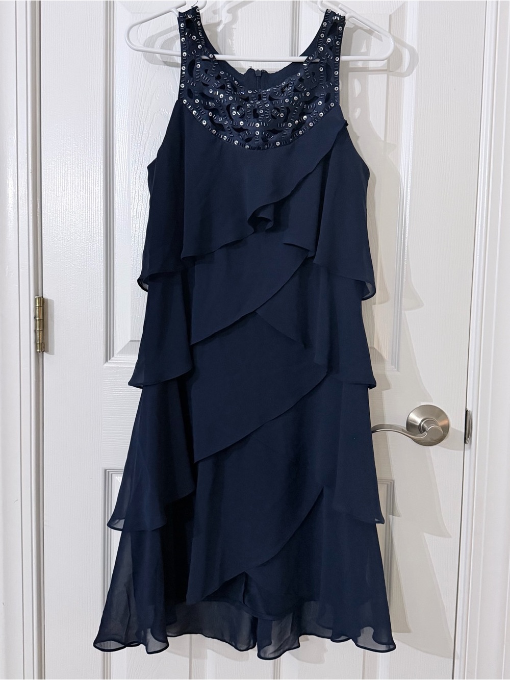SLNY Navy Beaded Tiered Ruffle Midi Dress
